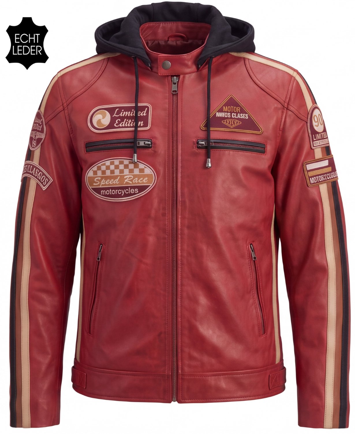 Vinto® Leren Jas Heren - 100% Echt Lams Leer - Winterjas - Biker Jack - Met Zakken en Binnenzak - Tussenjas met Capuchon - Winddicht - Rood - Maat L