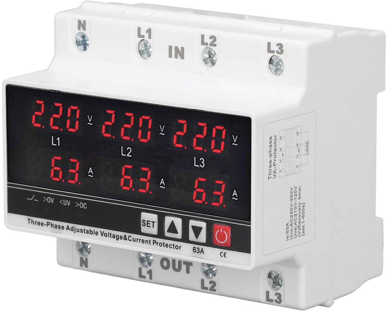 3 Fase Onderspanningsbeveiliging AC 120V 300V 63A Spanningsbewakingsrelais DIN Rail Instelbare Overstroombeveiliging voor Industriële Toepassingen
