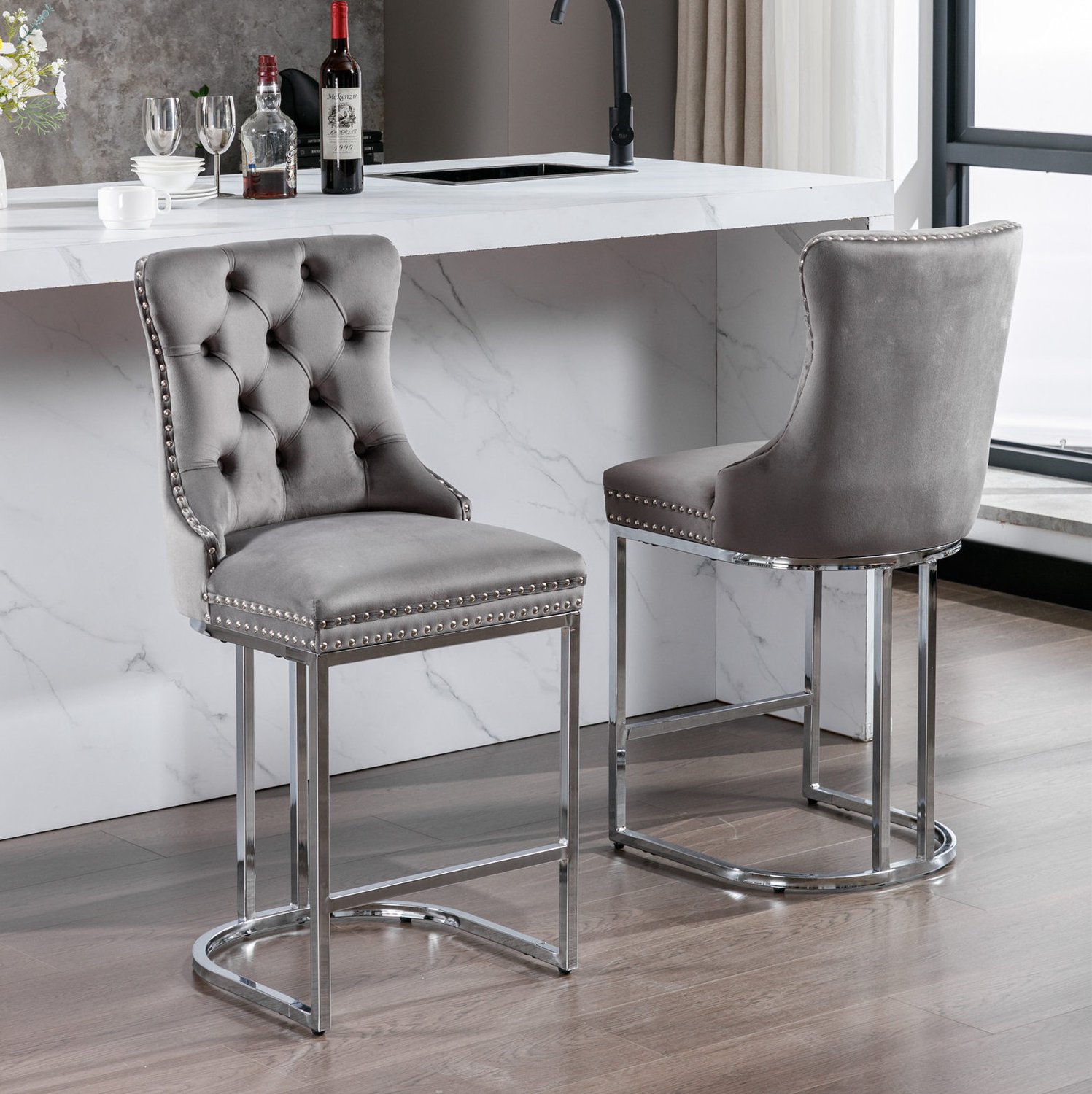 CHICFURN Barkruk - Set van 2 - Met rugleuning en voetsteun - Grijs