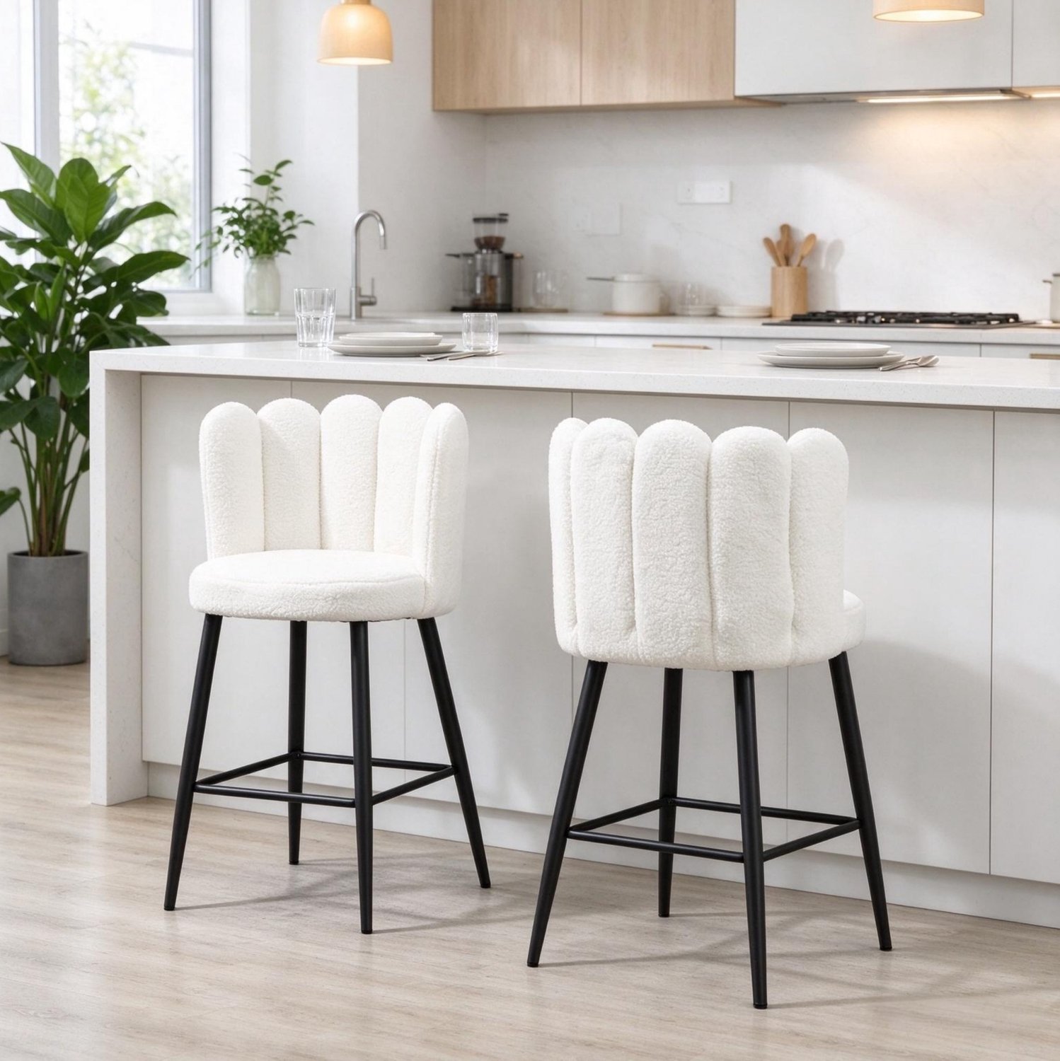 MIVRAY Barkrukken 52 x 53 x 93 cm - Set van 2 met Rugleuning en Voetensteun - Voor Keuken en Bar - Stof en Staal - Crème en Zwart