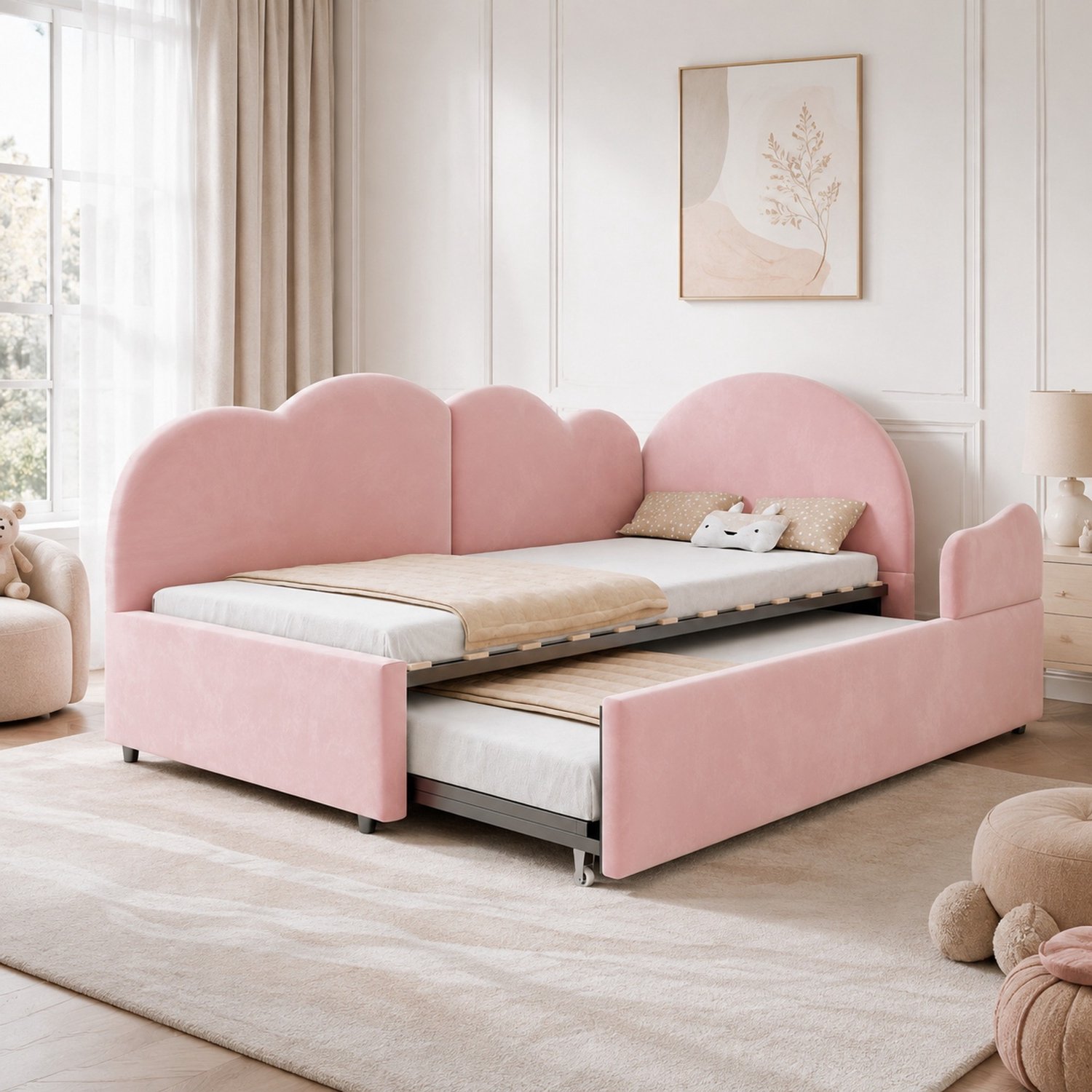 Wishdor Slaapbank 90x200 cm - Uitschuifbaar onderbed voor matras 90x190 cm - Wolkvormig hoofdbord en rugleuning - Voor kinder- en logeerkamer - Fluweel, multiplex en MDF - Roze