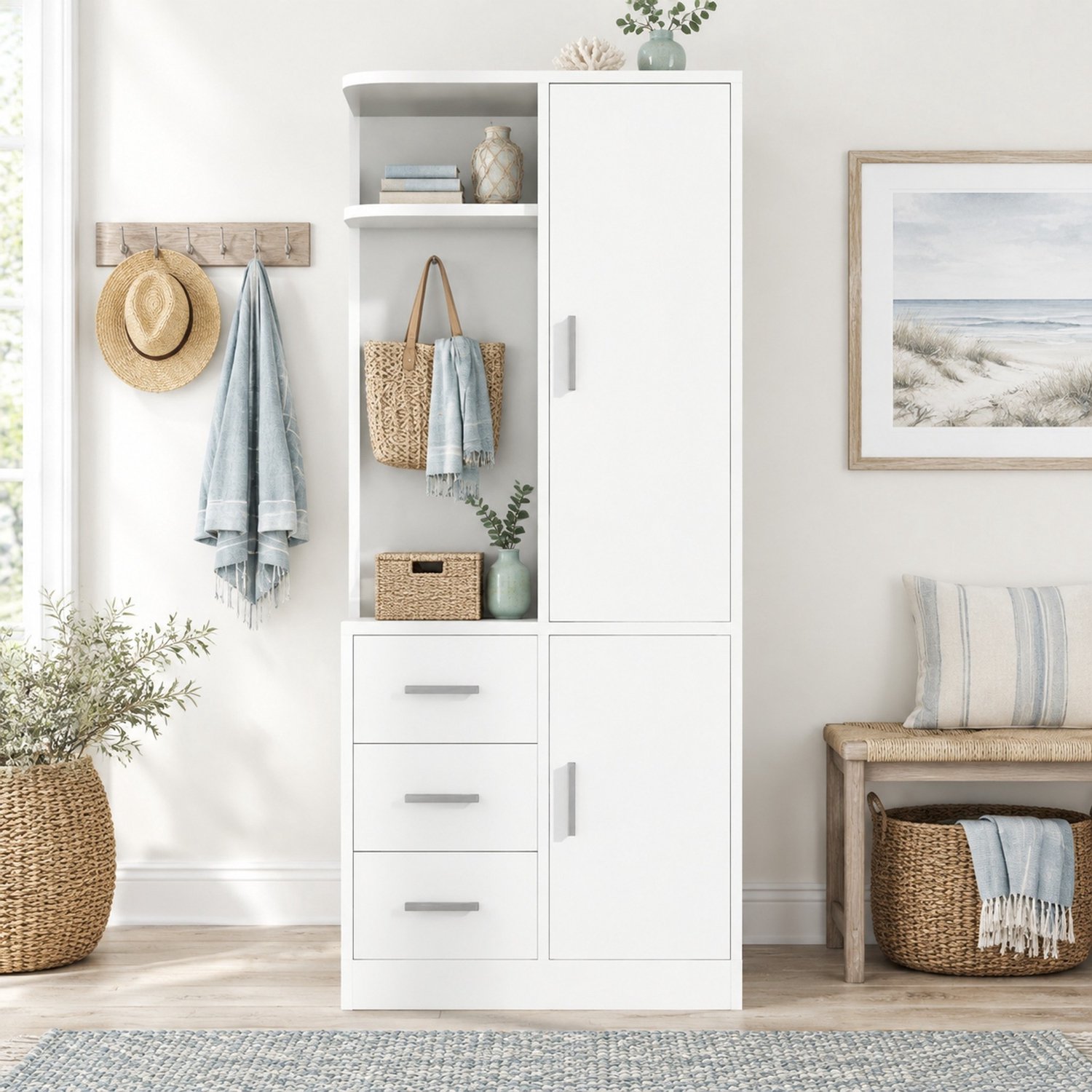 Wishdor Kledingkast met lades en hanggedeelte - Open vakken en haken voor kleding en accessoires - Deels open en gesloten opbergruimte - Slaapkamer kinderkamer - Hout met metaal en MDF - Wit - 70 x 50 x 170 cm