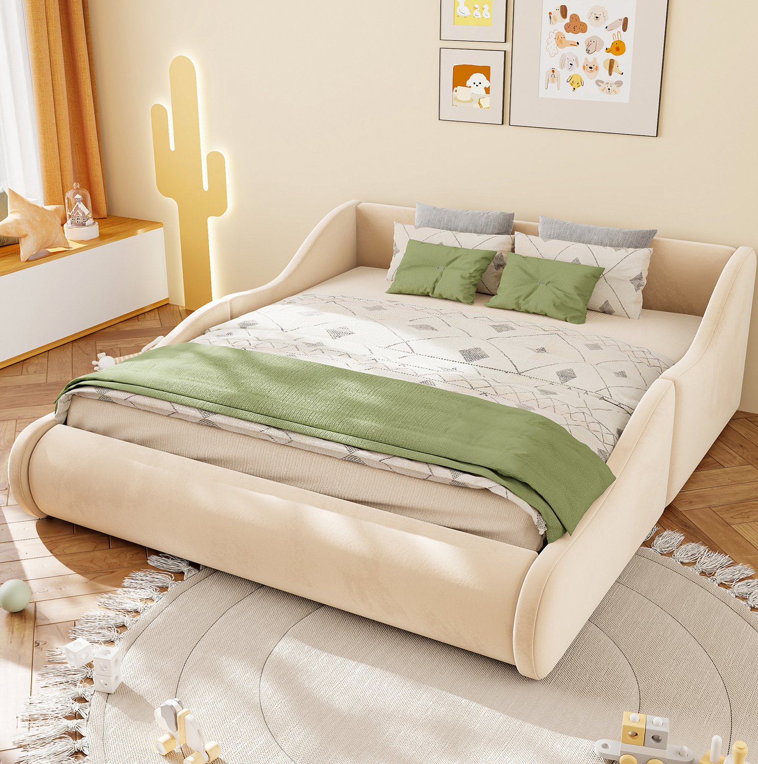 Wishdor Kinderbed 140x200 cm - Gestoffeerd bed met hoog hoofdbord en zijbescherming - Met lattenbodem - Voor kinder- en tienerkamer - Fluwelen stof, hout en MDF - Beige - 212 x 149 x 59 cm