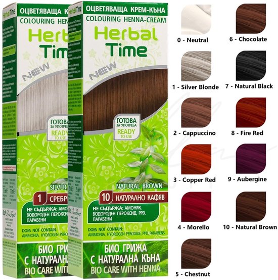 Overzicht van Herbal Time henna haarkleuring met een kleurkaart van 0 tot 10. Tekst: Colouring Henna-Cream.