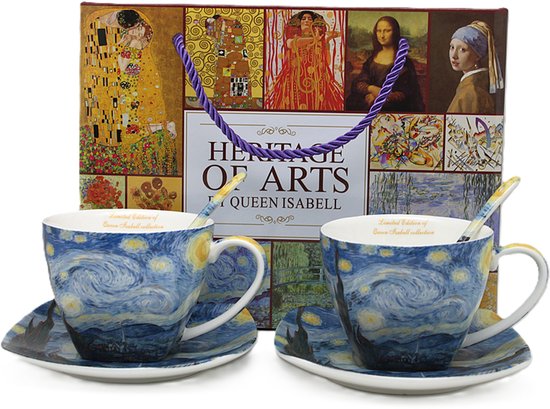 Set van twee Van Gogh Sterrennacht kopjes met schotels en lepels voor een Heritage of Arts geschenkdoos.