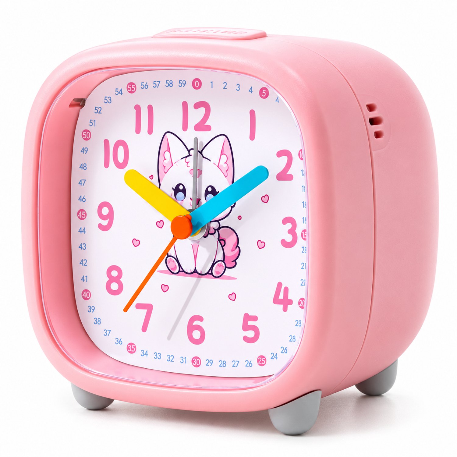 wekker met wijzers en kattenmotief - Roze kunststof behuizing met afgeronde hoeken en voetjes
