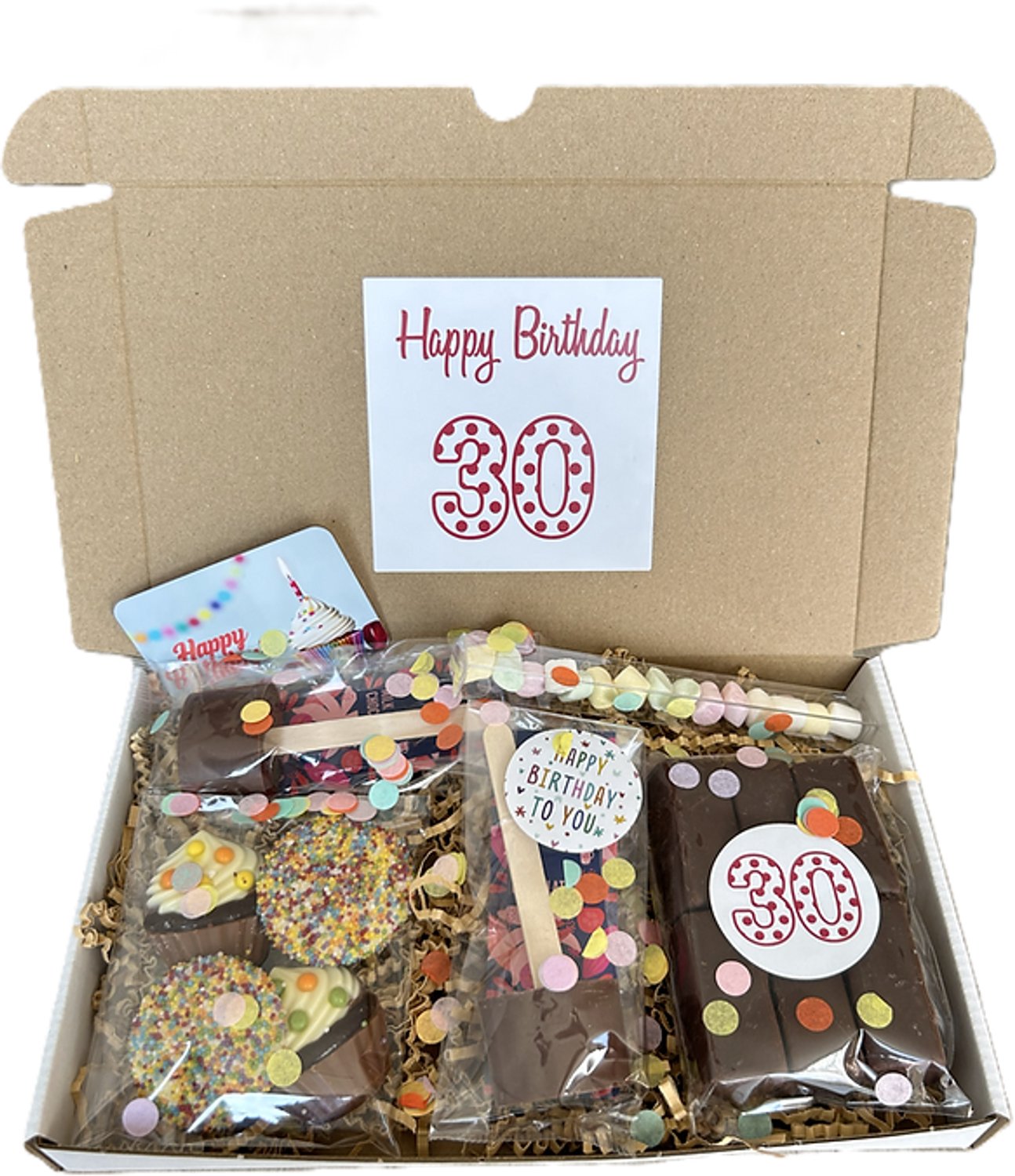 30 Verjaardag chocolade brievenbus cadeau - chocoladestick - marshamallows - cupcake