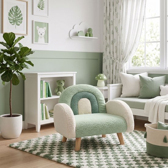 Sunny Milou Kinderfauteuil Teddy Groen – 47 x 55 x 46 cm – Kinderstoel met Regenboogdesign – Gestoffeerde Fauteuil voor Kinderkamer en Speelkamer – Houten Frame – Max. 100 kg – Peuterstoeltje voor Binnen vanaf 3 jaar — afbeelding 4