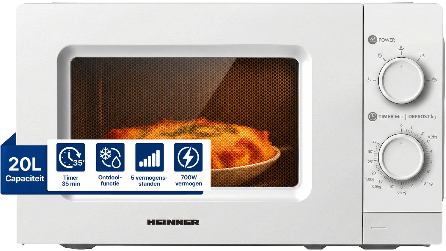 Heinner Vrijstaand Magnetron 20 L – Mechanische Bediening – 700 W – 6 Vermogensstanden – Timer – Ontdooifunctie – Wit