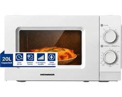 Heinner Vrijstaand Magnetron 20 L – Mechanische Bediening – 700 W – 6 Vermogensstanden – Timer – Ontdooifunctie – Wit