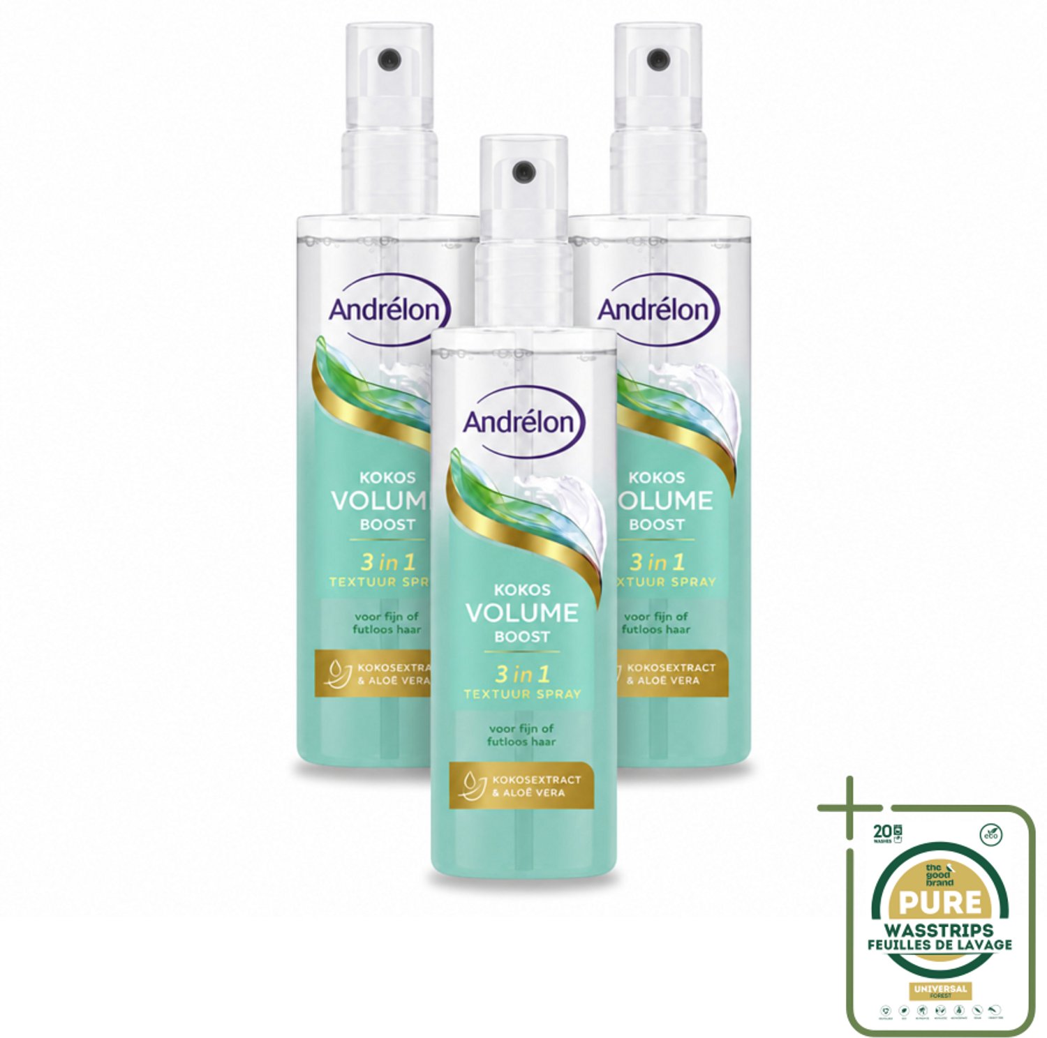 3 x Andrélon – Textuur Spray 3-in-1 – Kokos Volume Boost – 150 ml - Wasstrips - Haarspray - Volume - Textuur - Haarstructuur - Glans
