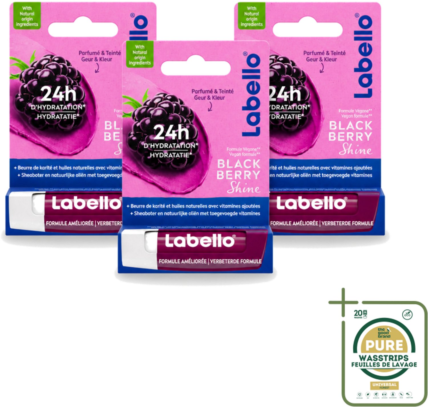 3 x Labello – Lippenbalsem – Blackberry Shine – Lippenbalsem – Shea Boter & Jojoba Olie – 5,5 ml - Wasstrips - Lippenbalsem - Hydratatie - Zachte Lippen - Glans - Braam