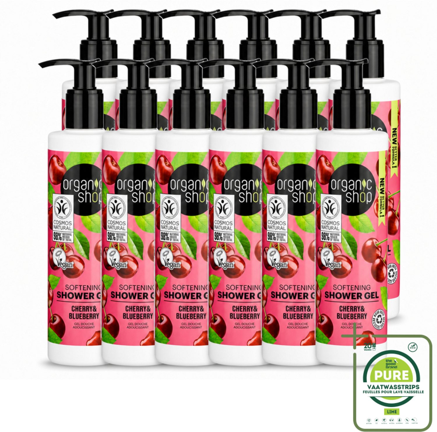 12 x Organic Shop - Douchegel Cherry & Blueberry - Verfrissend en Hydraterend - 280 ml - Grootverpakking - Vaatwasstrips - Douchegel - Natuurlijke Douchegel - Biologische Douchegel - Hydraterende Douchegel - Kersenextract