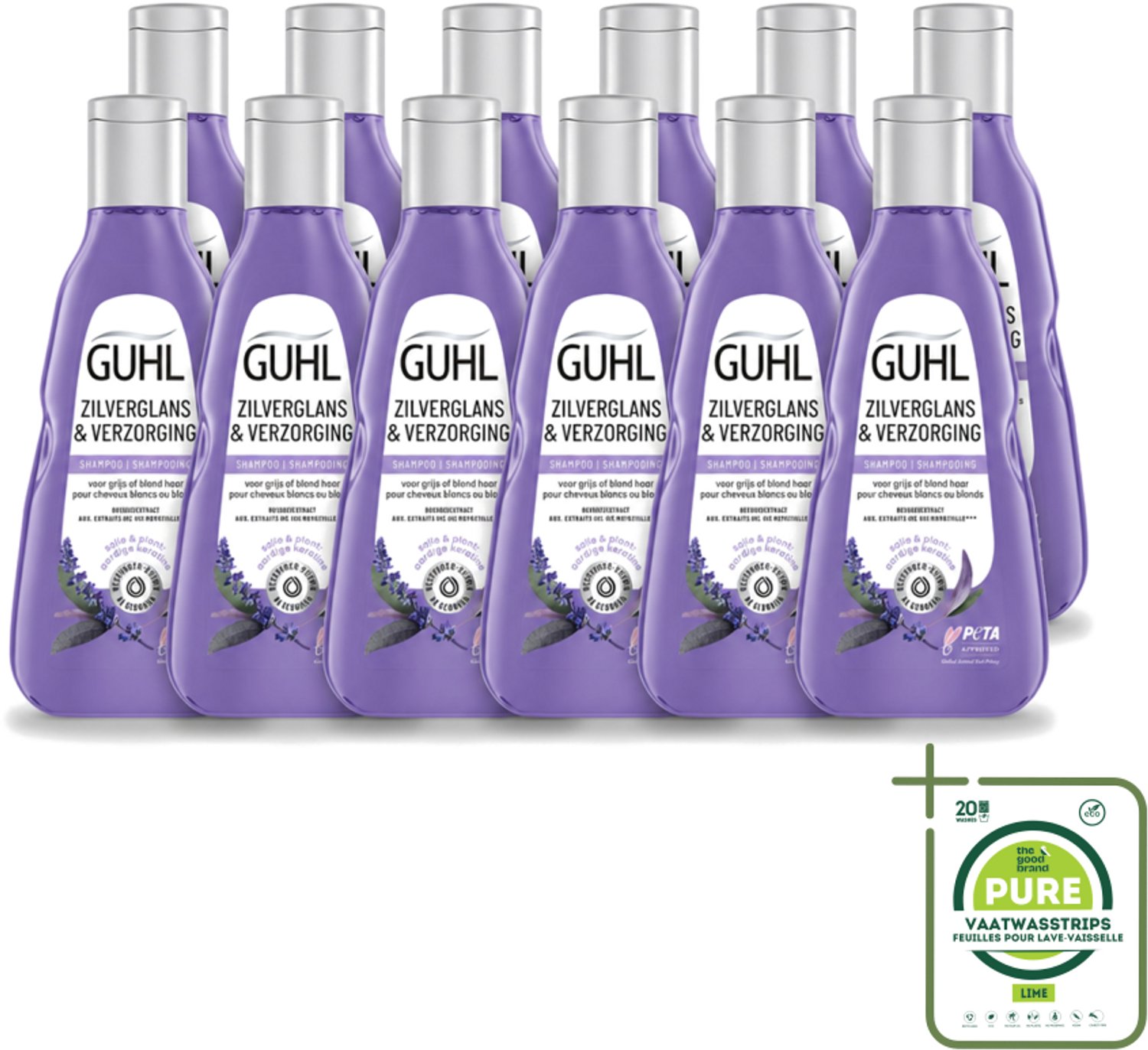 12 x Guhl - Shampoo - Zilverglans & Verzorging - 250 ml - Grootverpakking - Vaatwasstrips - Zilverglans Shampoo - Anti-geel Effect - Grijs Haar Verzorging - Blond Haar Verzorging - Haarkleur Verlichten