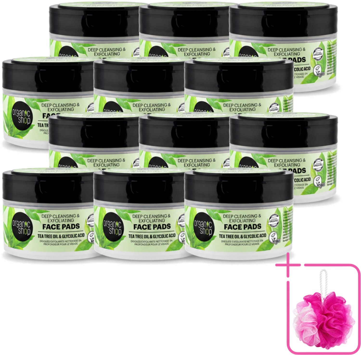 12 x Organic Shop - Face Pads Deep Cleansing - Verfrissend en Reinigen - 20 Pads - Bulkverpakking - Gezichtsreiniging - Douchemop - Diepe reiniging