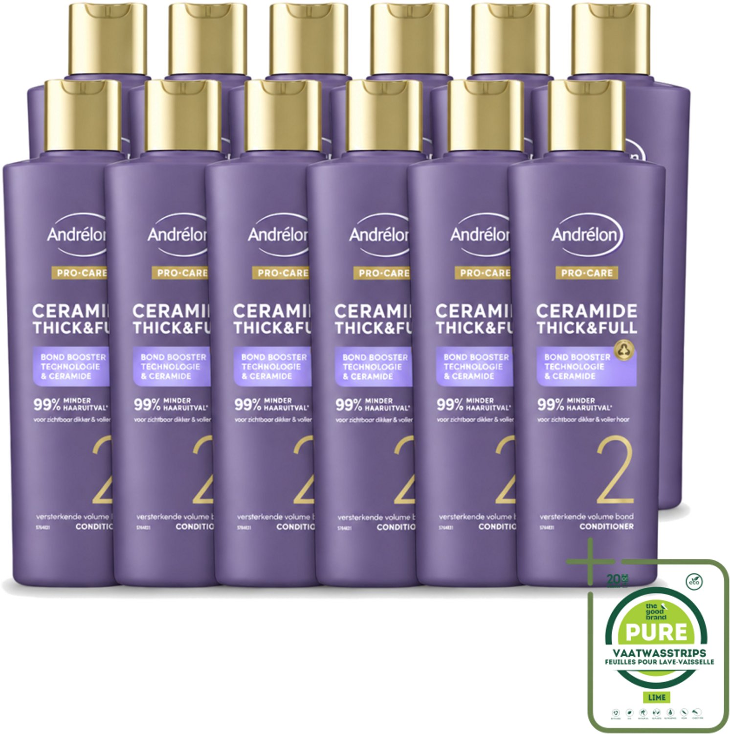 12 x Andrélon – Conditioner – Pro Care Ceramide Thick & Full – 250 ml - Grootverpakking - Vaatwasstrips - Dikker Haar - Voller Haar - Haarversterken - Haaruitval Verminderen - Ceramide