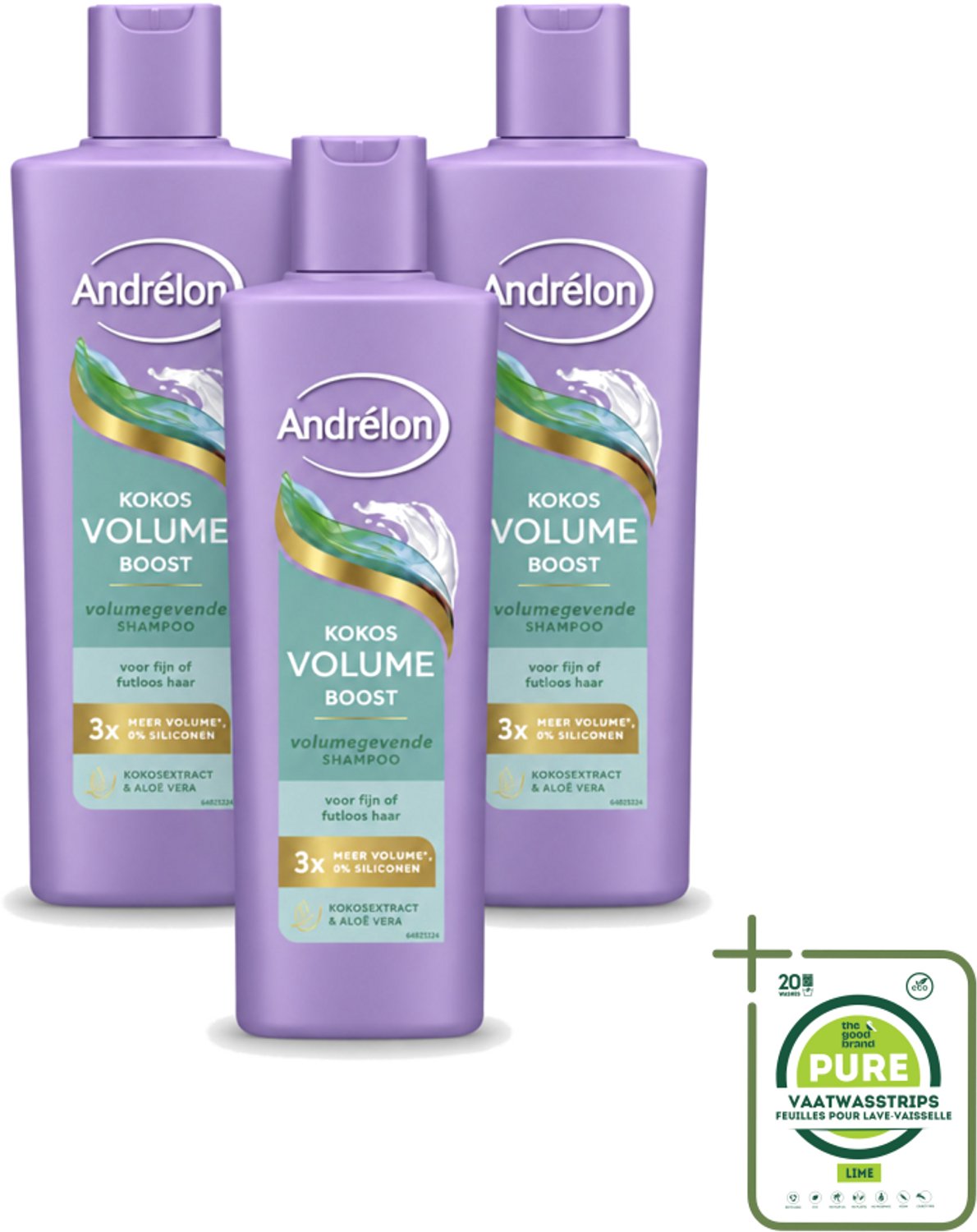 3 x Andrélon – Shampoo – Volume Boost – 250 ml - Grootverpakking - Vaatwasstrips - Haar Volume - Kokos Shampoo - Volume Boost - Fijn Haar - Futloos Haar