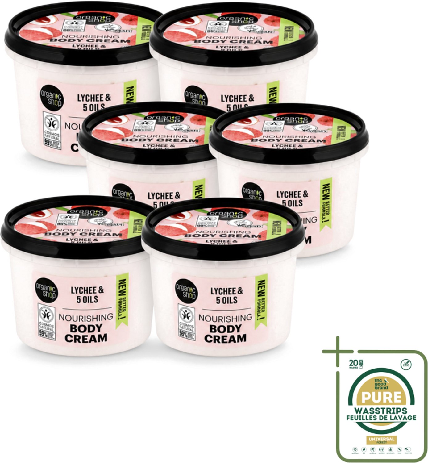 6 x Organic Shop - Nourishing Body Cream Lychee - Hydraterend en Voedend - 250 ml - Wasstrips - Hydraatende Crème - Voedende Crème - Lychee Crème - Natuurlijke Crème - Huidverzorging
