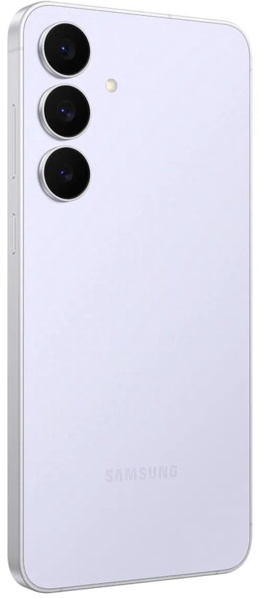 Schuin achteraanzicht van de lichtpaarse Samsung-smartphone met drie lenzen.