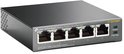 Zwarte TP-Link TL-SG1005P 5-poorts gigabit desktopswitch met 4 PoE-poorten en LED-statusindicatoren.