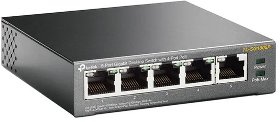Zwarte TP-Link TL-SG1005P 5-poorts gigabit desktopswitch met 4 PoE-poorten en LED-statusindicatoren.