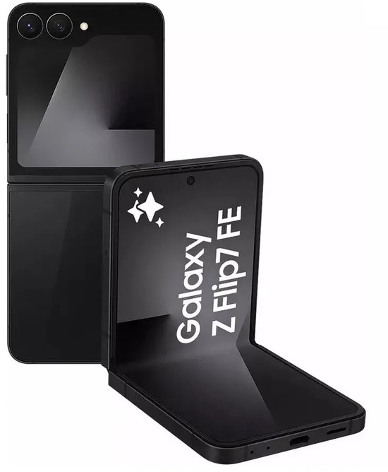Zwarte Samsung Galaxy Z Flip7 FE opvouwbare smartphone met schermtekst 'Galaxy Z Flip7 FE' en glanzende afwerking.