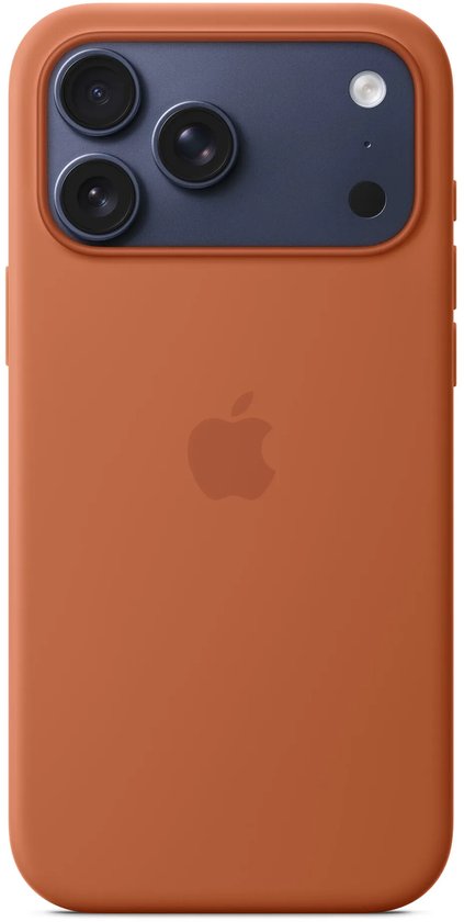 Coque en silicone terracotta pour iPhone avec bloc caméra bleu foncé et logo Apple.