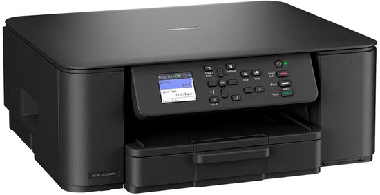 Zwarte Brother DCP-J1310W printer, schuin vooraanzicht met bedieningspaneel en lcd-scherm.