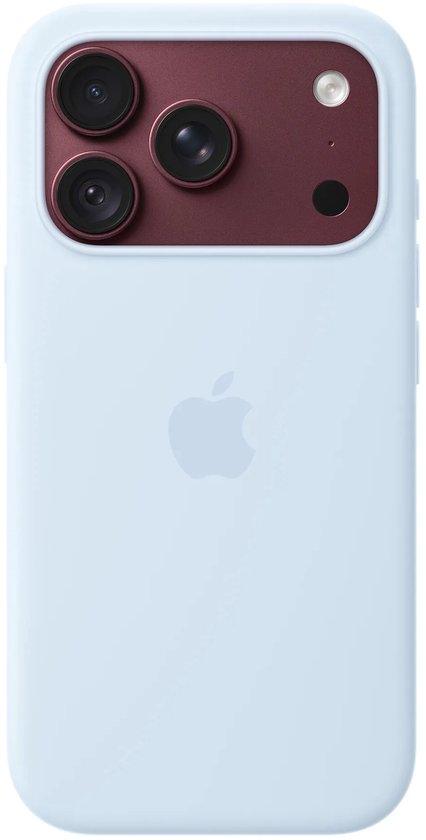 Lichtblauw siliconen hoesje met een donkerrode cameramodule en Apple-logo op de achterkant.