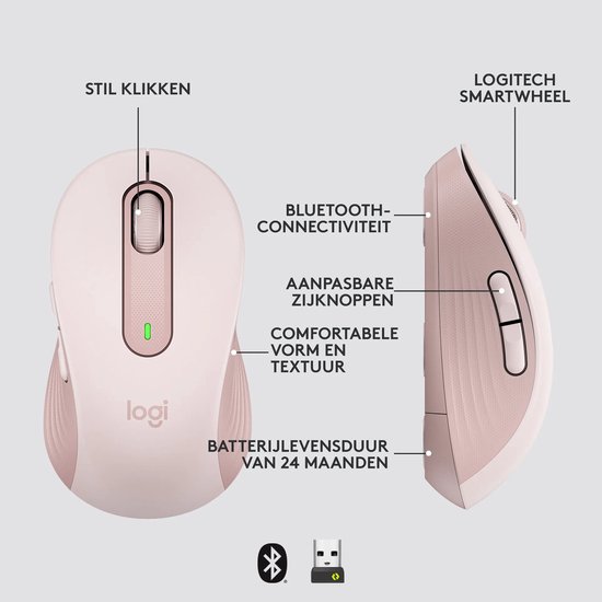Overzicht van functies op de roze muis: stil klikken, SmartWheel, Bluetooth en aanpasbare knoppen.