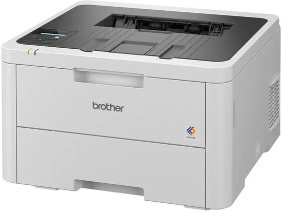 Witte Brother HL-L3240CDW kleurenlaserprinter, zijaanzicht met ventilatieopeningen en een grijs bovengedeelte.