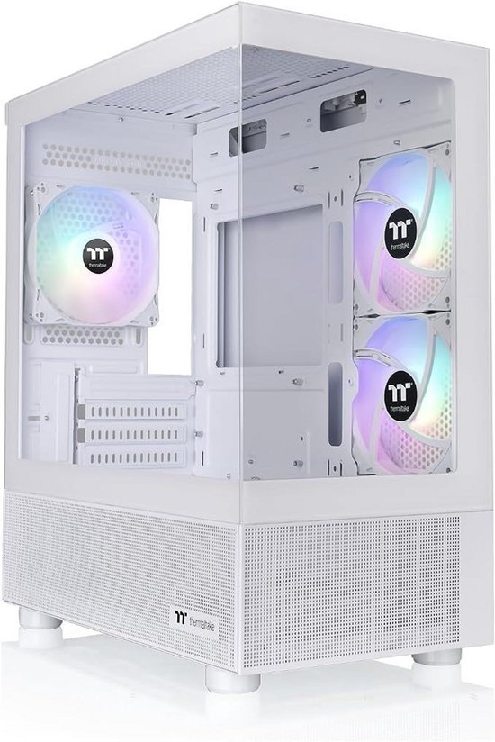 Witte pc-behuizing in hoekaanzicht met zichtbaar interieur, drie RGB-ventilatoren en Thermaltake-logo.