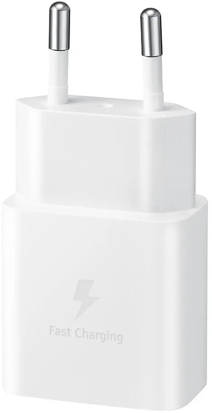 Witte Samsung 15W snellader met Europese stekker en bliksemicoon.