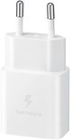 Witte Samsung 15W snellader met Europese stekker en bliksemicoon.
