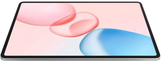 Zilvergrijze HONOR-tablet in perspectief, met abstract roze en blauw behang op het scherm.