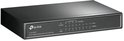 Grijze TP-Link 8-poorts Gigabit desktopswitch, bovenaanzicht schuin met led-indicatorpaneel.
