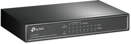 Grijze TP-Link 8-poorts Gigabit desktopswitch, bovenaanzicht schuin met led-indicatorpaneel.