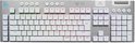 Bovenaanzicht van het witte Logitech G915 X toetsenbord met QWERTY-indeling en speciale macrotoetsen.