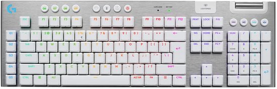 Bovenaanzicht van het witte Logitech G915 X toetsenbord met QWERTY-indeling en speciale macrotoetsen.