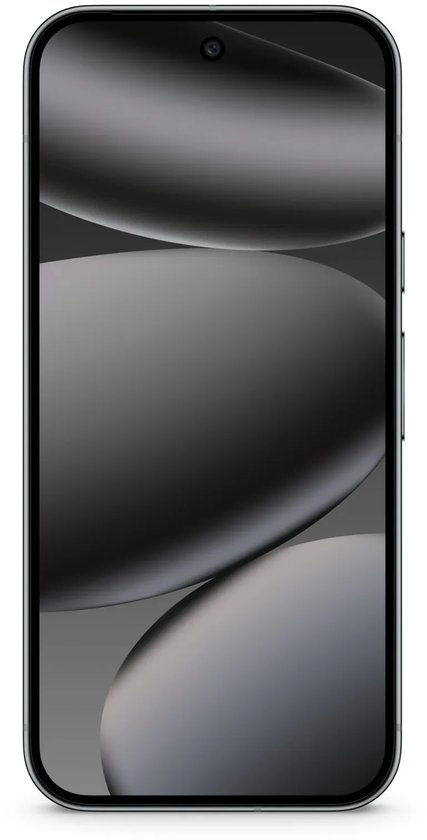 Recht vooraanzicht van een zwarte Google Pixel-smartphone met een abstract, grijs achtergrondontwerp.