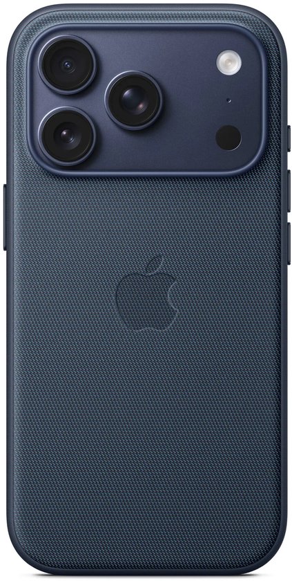 Donkerblauw iPhone hoesje met geweven textuur, passend cameramodule-frame met drie lenzen en Apple logo.