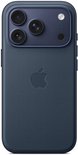 Donkerblauw iPhone hoesje met geweven textuur, passend cameramodule-frame met drie lenzen en Apple logo.
