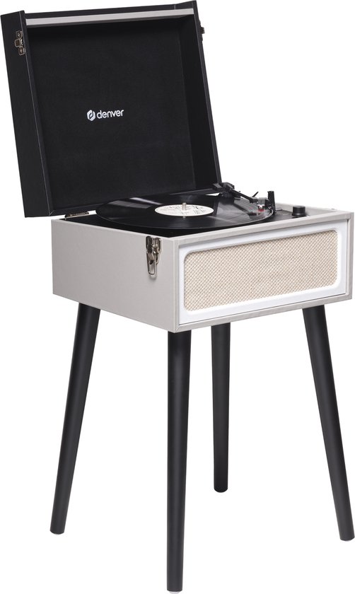 Retro Denver platenspeler op zwarte pootjes met wit frame, beige luidsprekergrille en open zwart deksel.