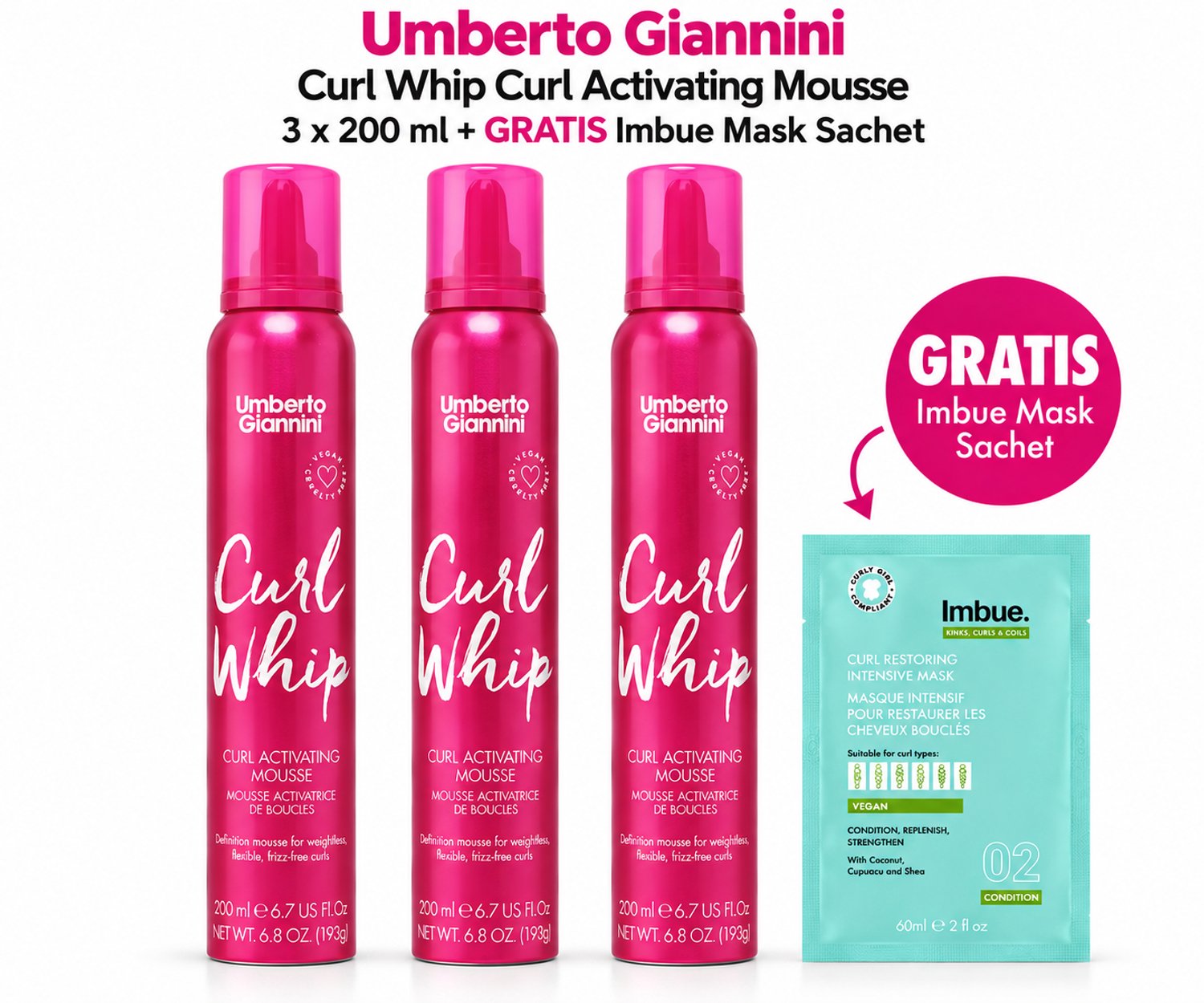 Umberto Giannini Curl Whip Curl Activating Mousse 3 x 200 ml + GRATIS Imbue Mask Sachet