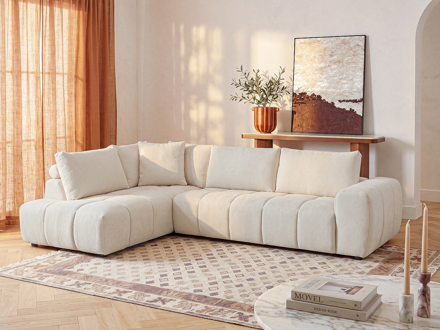 Vente-unique Hoekbank links met rugleuning in beige chenillestof CLENALI