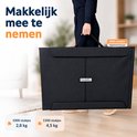 Zwarte PuzzlePro puzzelkoffer met tekst: Makkelijk mee te nemen. Toont gewichten voor 1000 en 1500 stukjes.