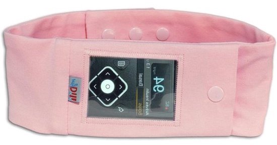 Roze buikband voor insulinepomp met een transparant venster en drukknopen, gemerkt met 'Dilli'.
