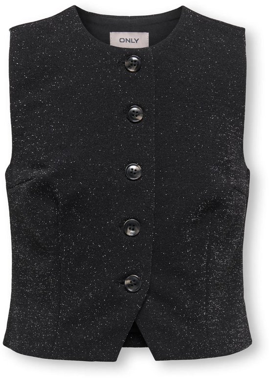 Zwart glinsterend gilet van het merk ONLY met een knoopsluiting aan de voorzijde.