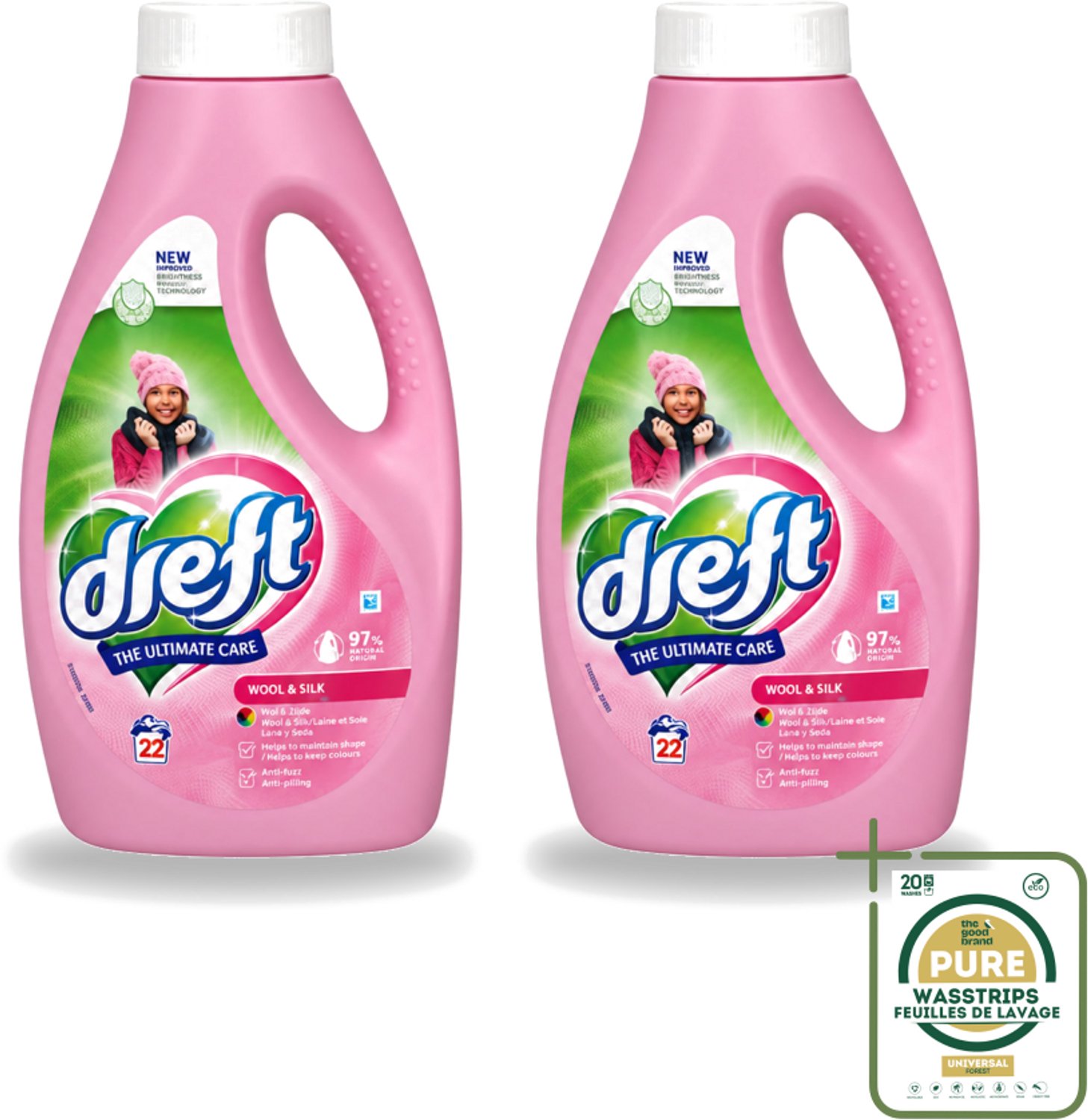 2 x Dreft – Vloeibaar Wasmiddel – Wol & Zijde – 22 Wasbeurten - Wasstrips - Wol En Zijde Wasmiddel - Delicate Stoffen Wasmiddel - Mild Wasmiddel - Fijnwas - Handwas