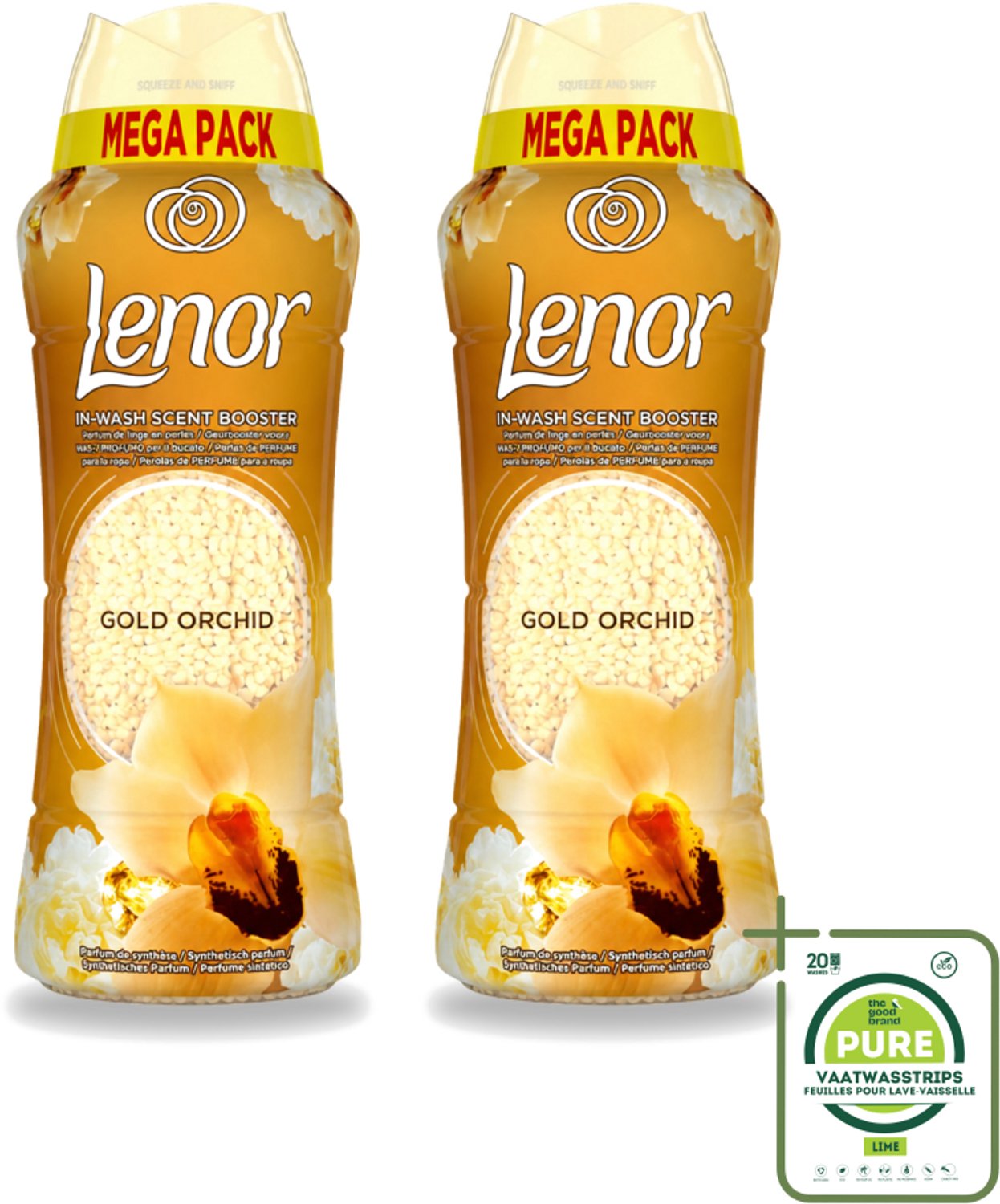 2 x Lenor – Geurparels – Gouden Orchidee – 570 g - Grootverpakking - Vaatwasstrips - Geurparel - Wasgeur - Orchidee - Vanille - Wasgeurparfum